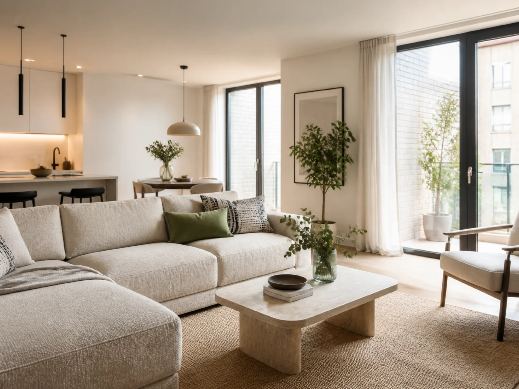 Bright contemporary apartment living space after professional cleaning